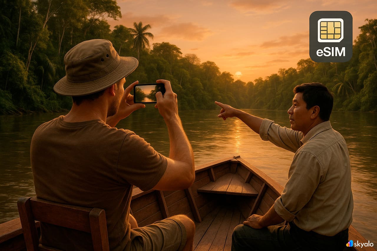 Gün batımında Amazon’da turist ile rehber; fotoğraf Skyalo eSIM ile yüklendi, suda orman yansımaları