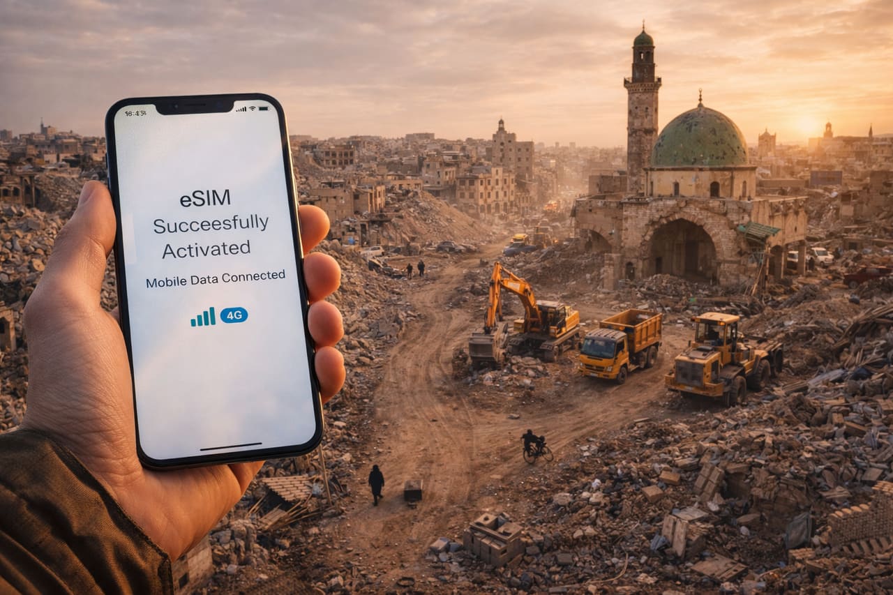 Keliautojas Mosulo mieste naudoja išmanųjį telefoną su eSIM internetu miesto architektūros fone