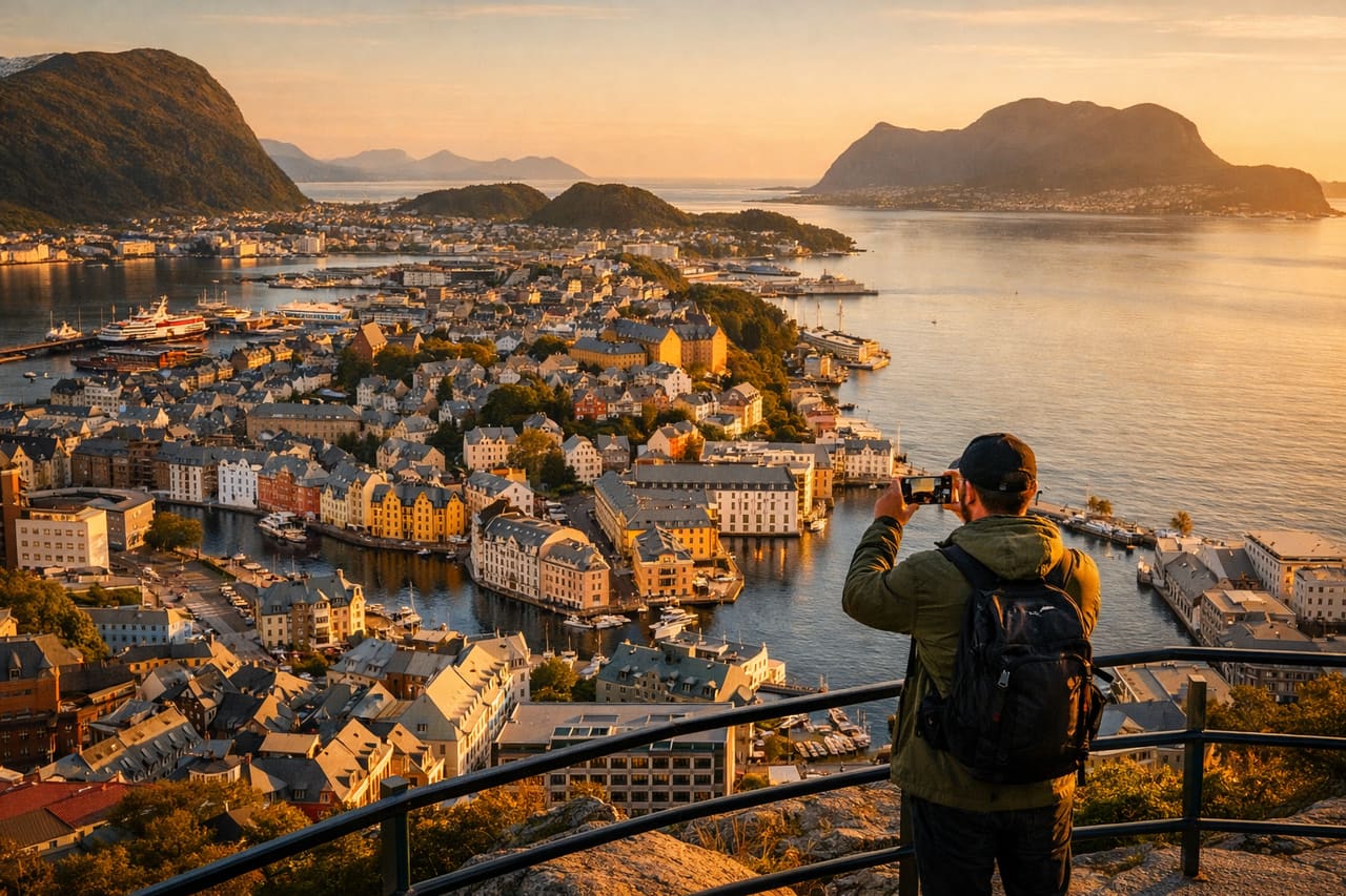 Panorama di Ålesund dalla collina Aksla – case colorate e fiordo