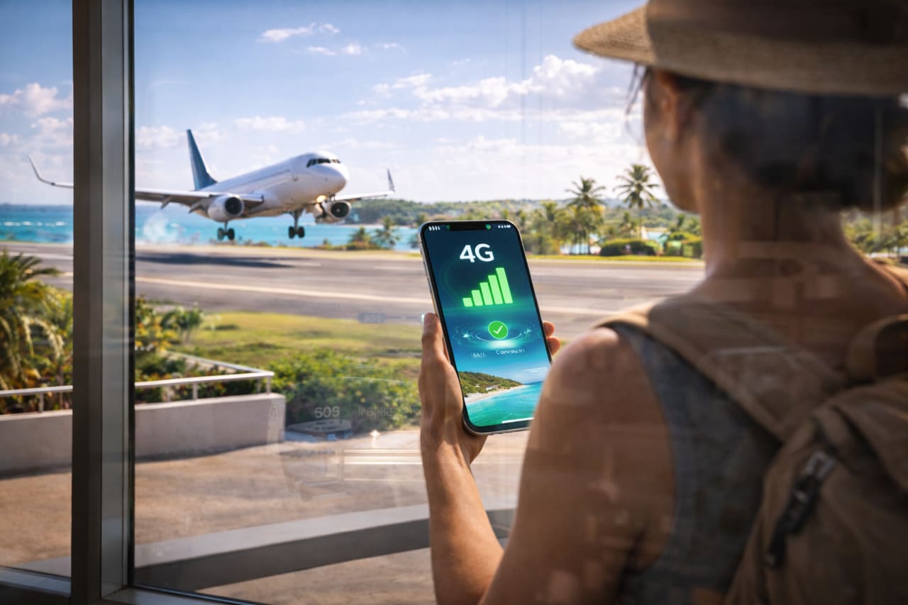 Atterraggio dell’aereo all’aeroporto di Anguilla attraverso il vetro del terminal e eSIM attiva sullo smartphone
