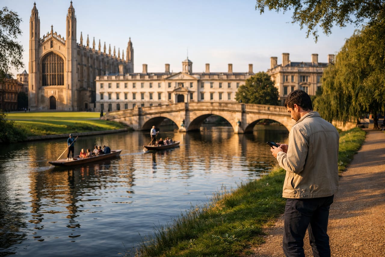 L’Università di Cambridge e un turista con smartphone con eSIM sul fiume Cam