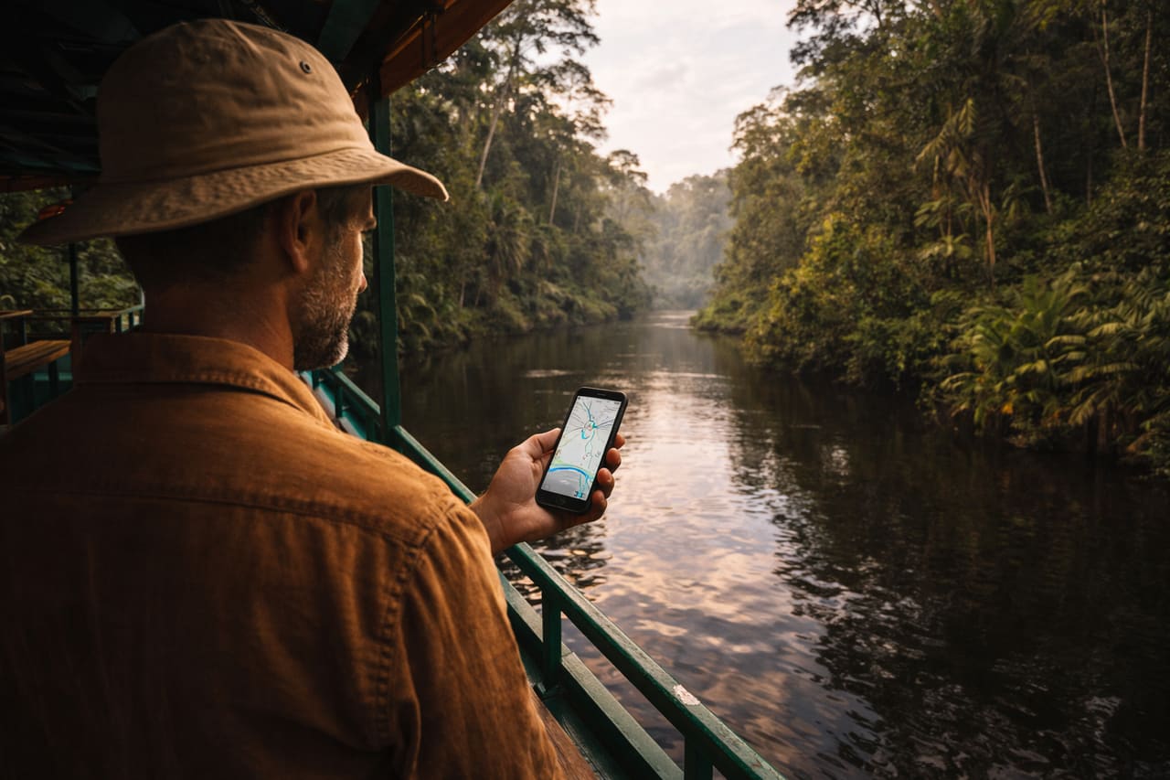 Parco nazionale di Tanjung Puting e un turista con lo smartphone