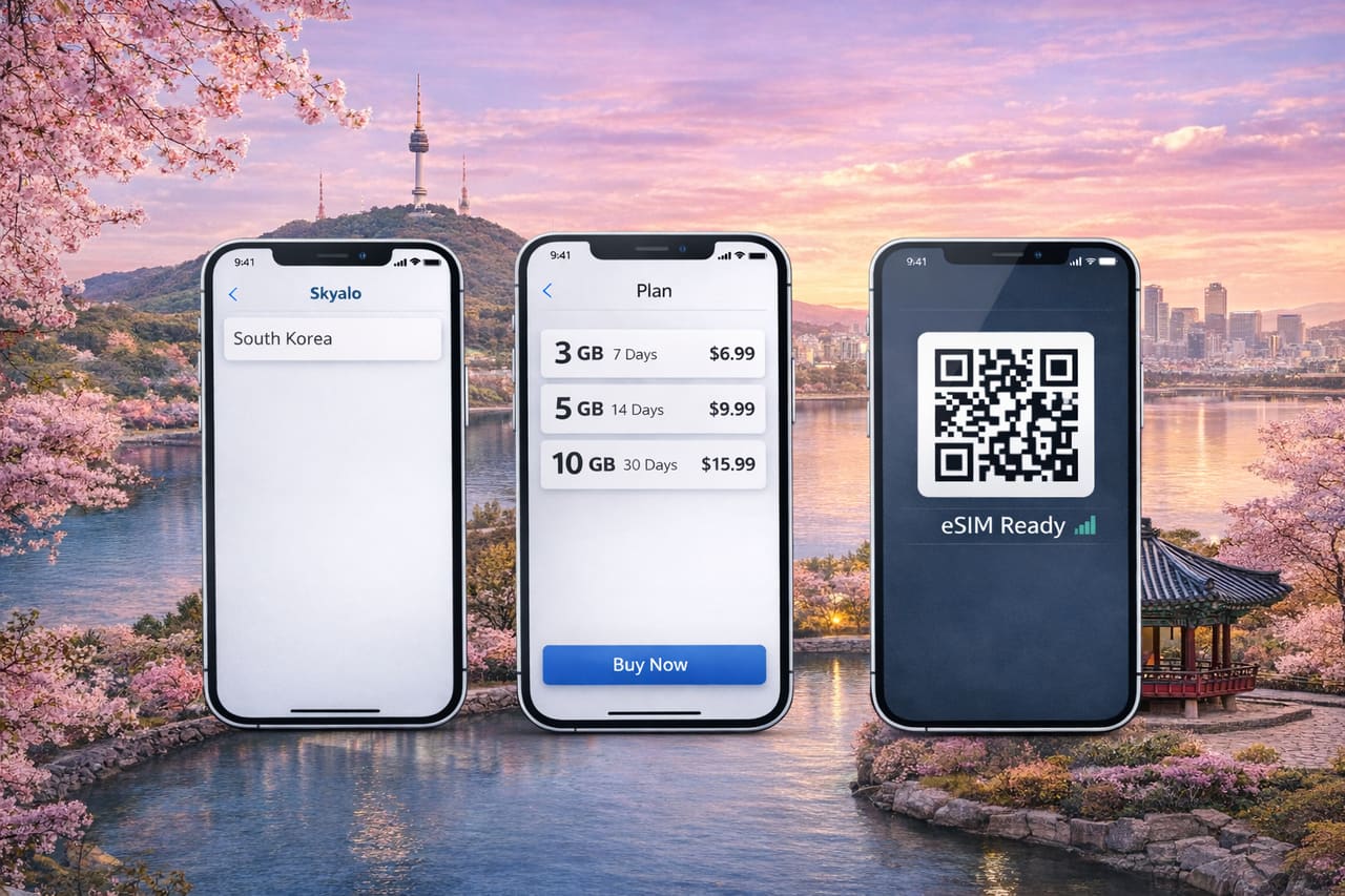 Смартфоны с eSIM для Южной Кореи на фоне пейзажа Сеула с башней N Seoul Tower и цветущей сакурой на закате