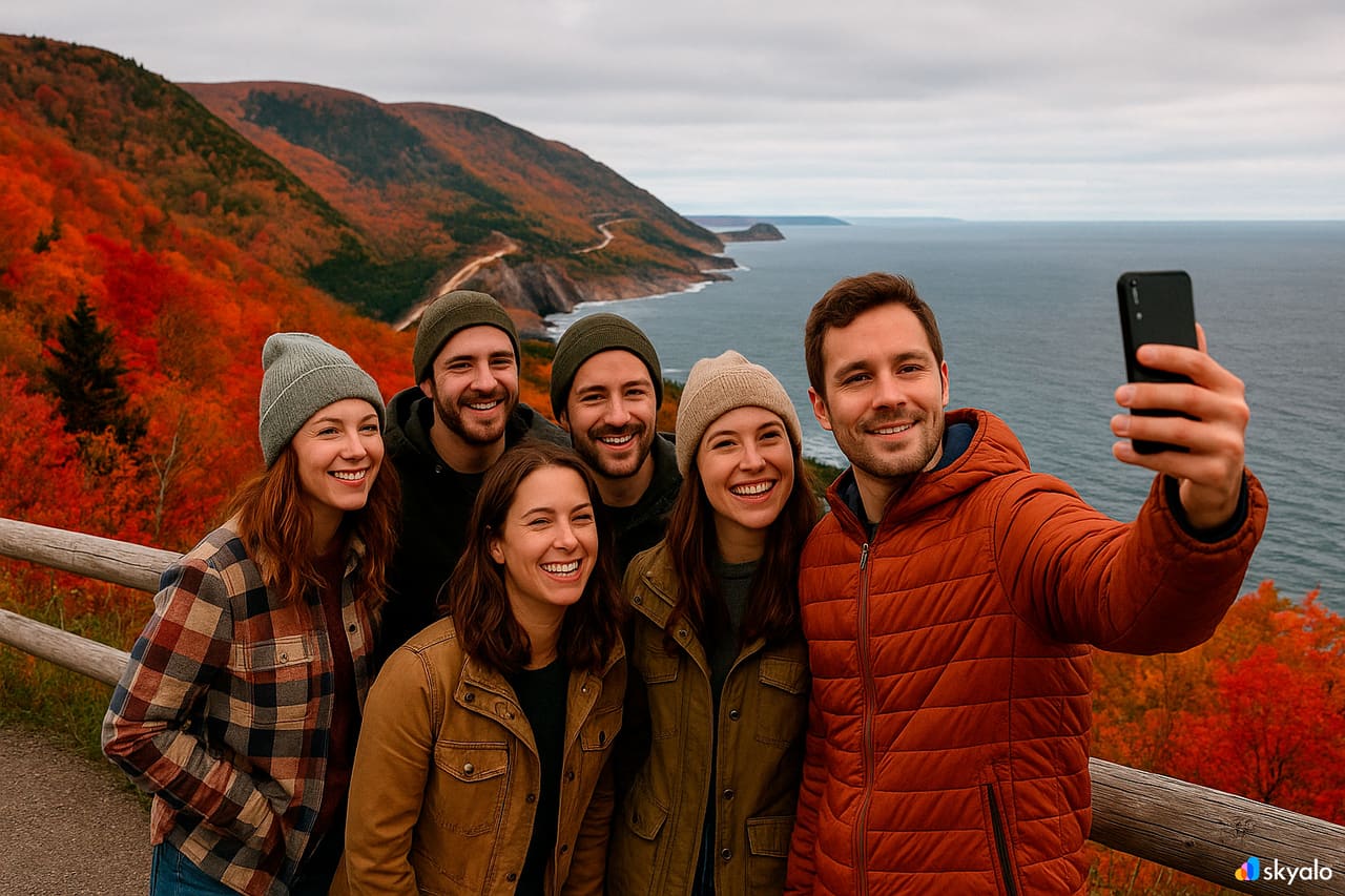 Amici al punto panoramico del Cabot Trail; live streaming via eSIM Skyalo, pendii scarlatti e arco di oceano blu sotto