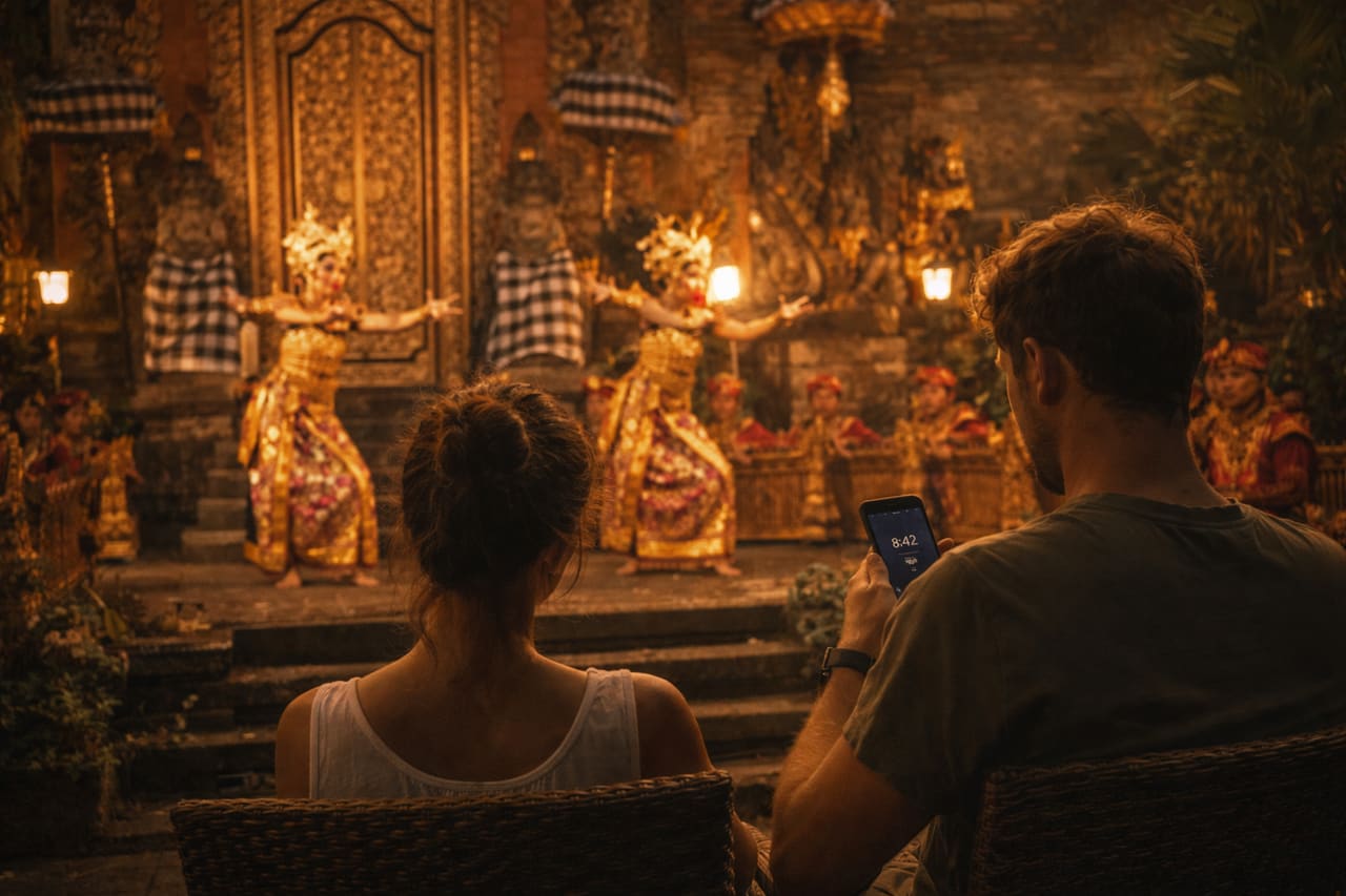 Palazzo di Ubud con spettacolo serale e uno smartphone nell’inquadratura