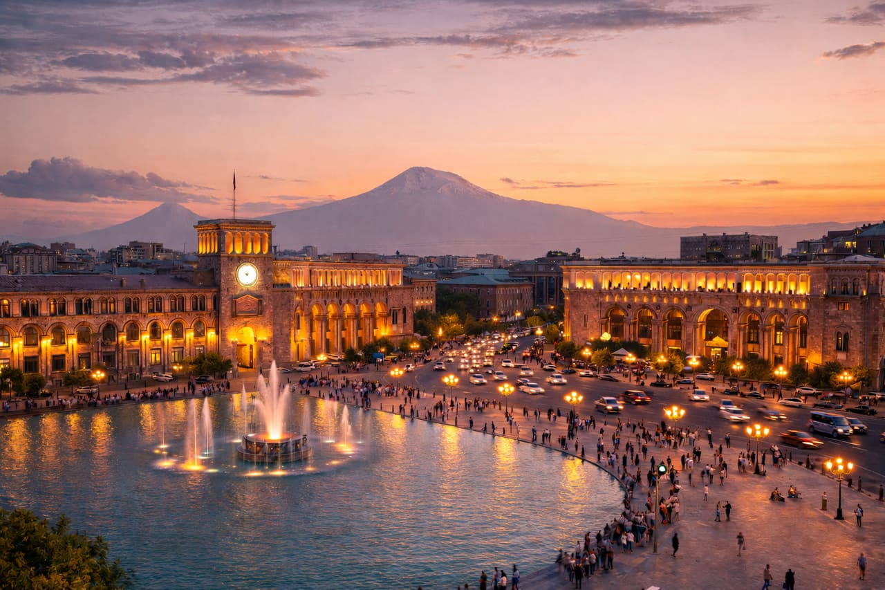 Piazza della Repubblica a Erevan al tramonto con vista sul Monte Ararat