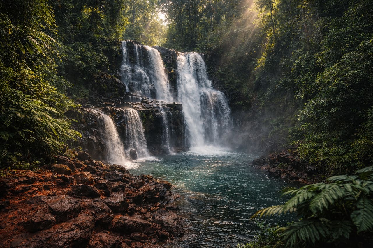 Cascata a Ratanakiri tra giungla tropicale e terra rossa
