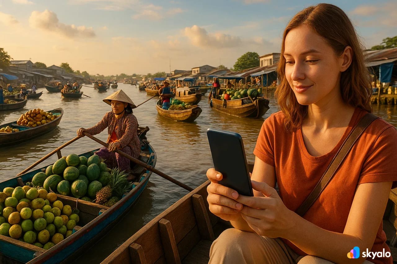 Mercato galleggiante nel Delta del Mekong, viaggiatore con eSIM che invia foto di frutti esotici