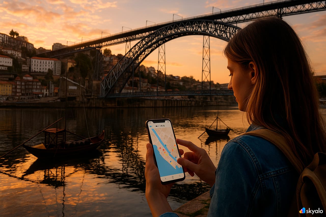 Donna presso la Ponte Dom Luís I e il molo della Ribeira; mappa delle cantine sul telefono, barche che galleggiano in acqua dorata