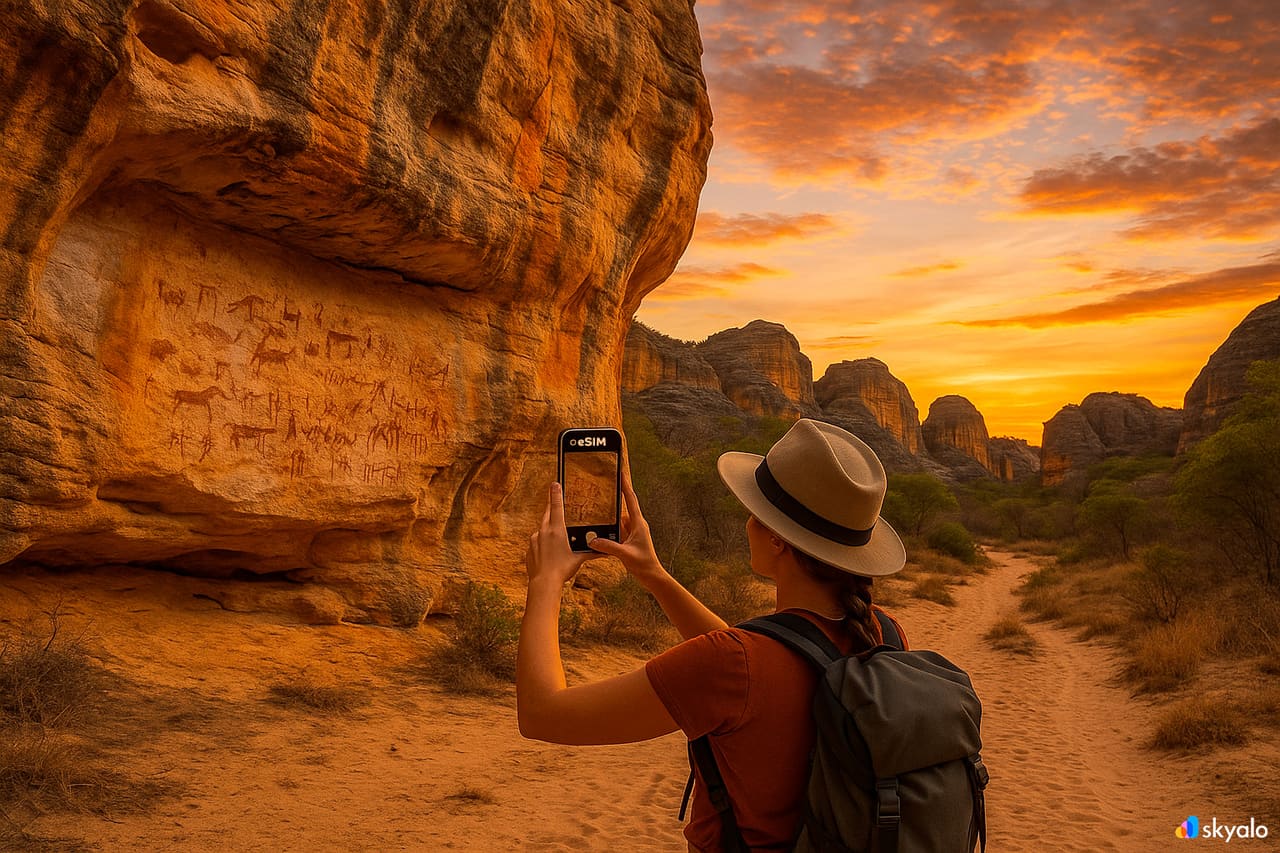Serra da Capivara’da antik kaya resimlerini fotoğraflayan turist, Skyalo eSIM ile paylaşıyor