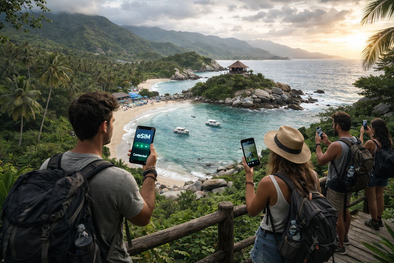 旅客在泰羅納國家公園使用搭載 eSIM 的手機上網