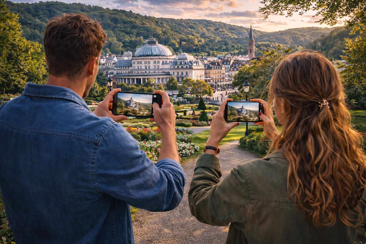Viaggiatori nella città termale di Spa usano smartphone con internet eSIM