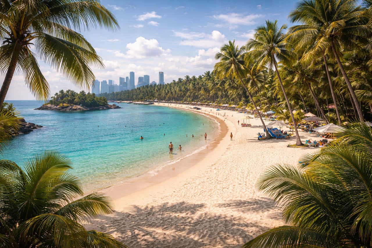 La spiaggia dell’isola di Sentosa con palme e mare.