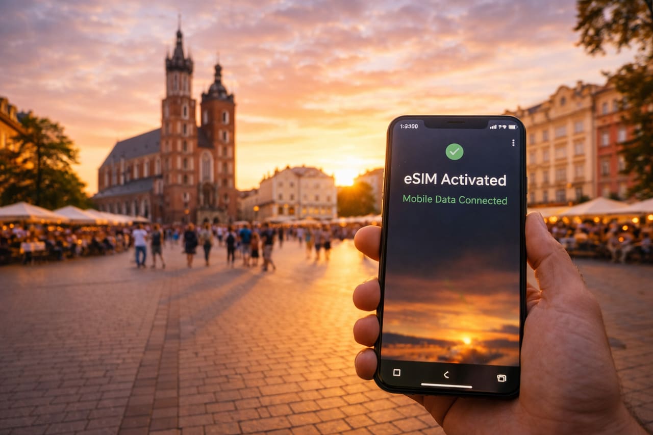 Smartphone con eSIM attiva sullo sfondo del centro storico di Cracovia in Polonia