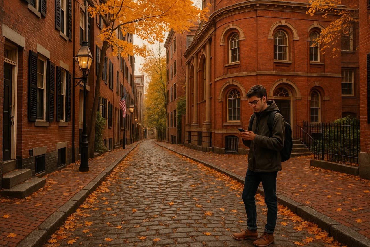 Carrer de Boston: estudiant amb un telèfon i una eSIM activada
