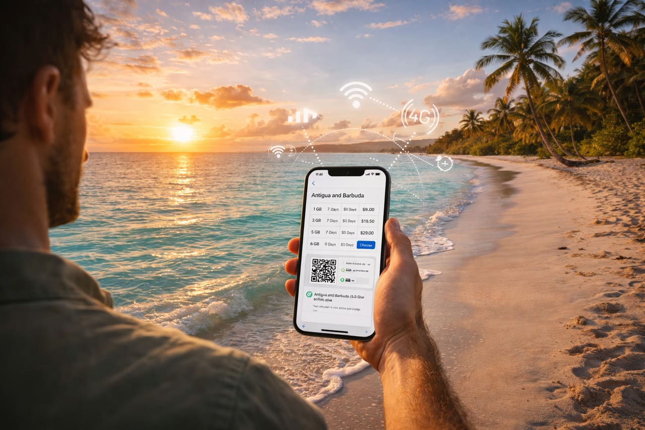 Alba ad Antigua e Barbuda con un turista sull’oceano che attiva una eSIM sullo smartphone