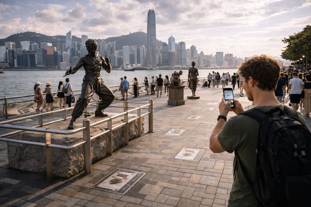 L’Avenue of Stars con statue in bronzo sul lungomare di Hong Kong.