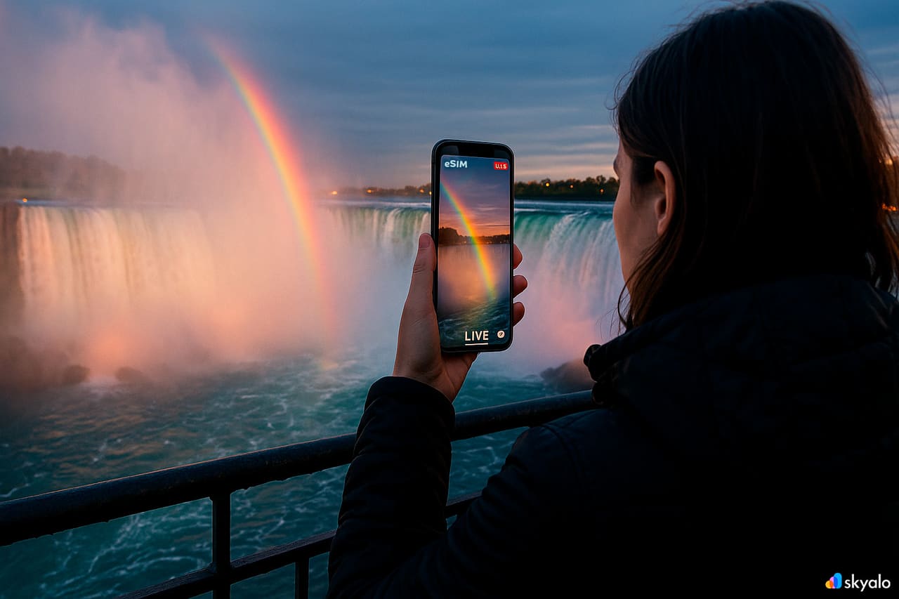 Turista in live streaming sulla passeggiata delle Cascate del Niagara; eSIM Skyalo, foschia arcobaleno e luci della città sopra cascate fragorose