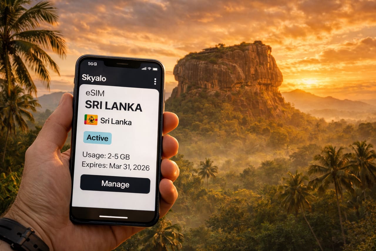 Uno smartphone con eSIM per lo Sri Lanka attivata sullo sfondo della rocca di Sigiriya e della giungla tropicale.