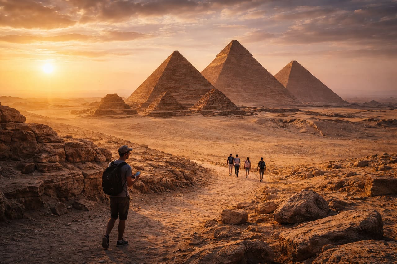 Le Piramidi di Giza in Egitto all’alba e turisti sullo sfondo del deserto, viaggio in Egitto con internet eSIM