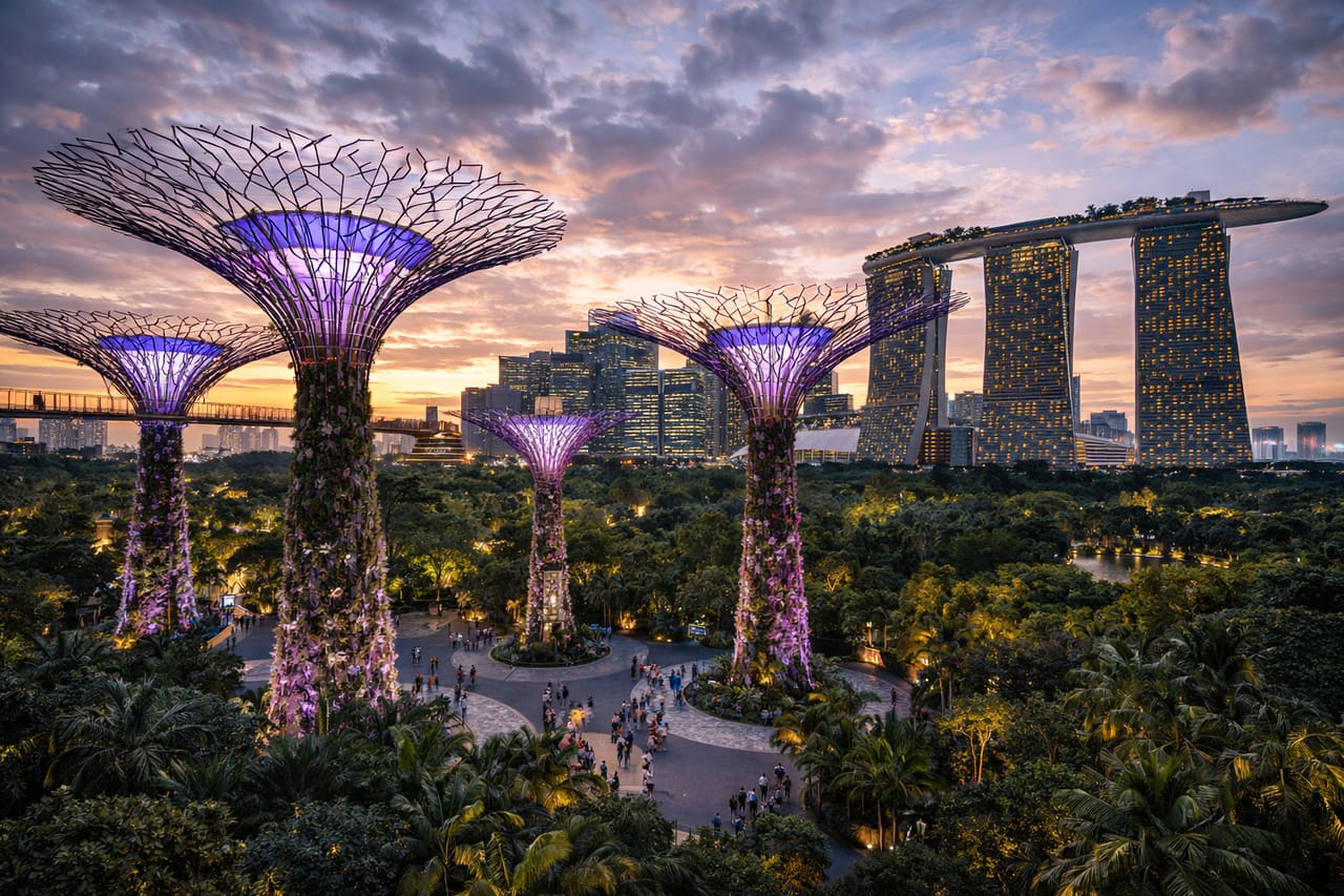 Gli alberi futuristici Supertree nei giardini Gardens by the Bay.