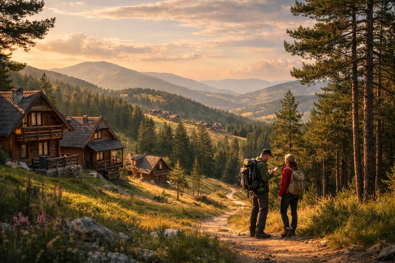 La località montana di Zlatibor in Serbia con foreste, sentieri e turisti in passeggiata.