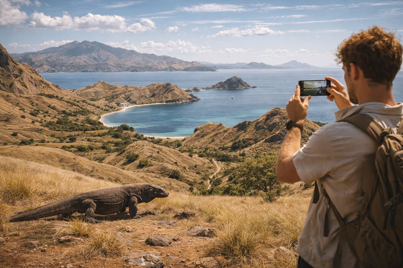 Parco nazionale di Komodo e un turista con lo smartphone
