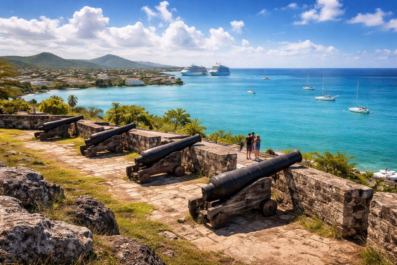 Fort James sopra il porto di Antigua con viaggiatori che usano internet mobile eSIM