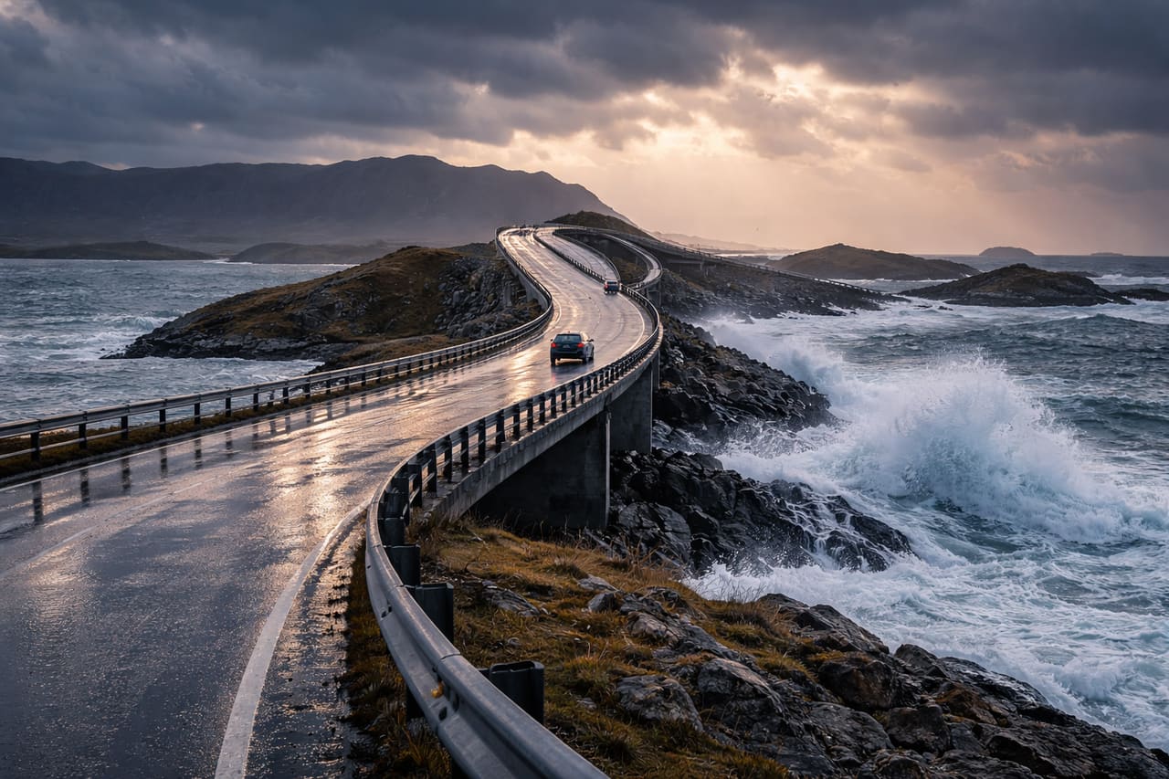 Strada Atlantica norvegese – ponte sinuoso sopra l’oceano durante una tempesta