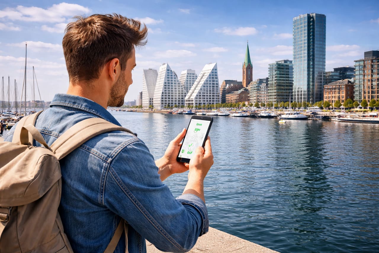 La città di Aarhus e un viaggiatore che usa un’eSIM sul lungomare