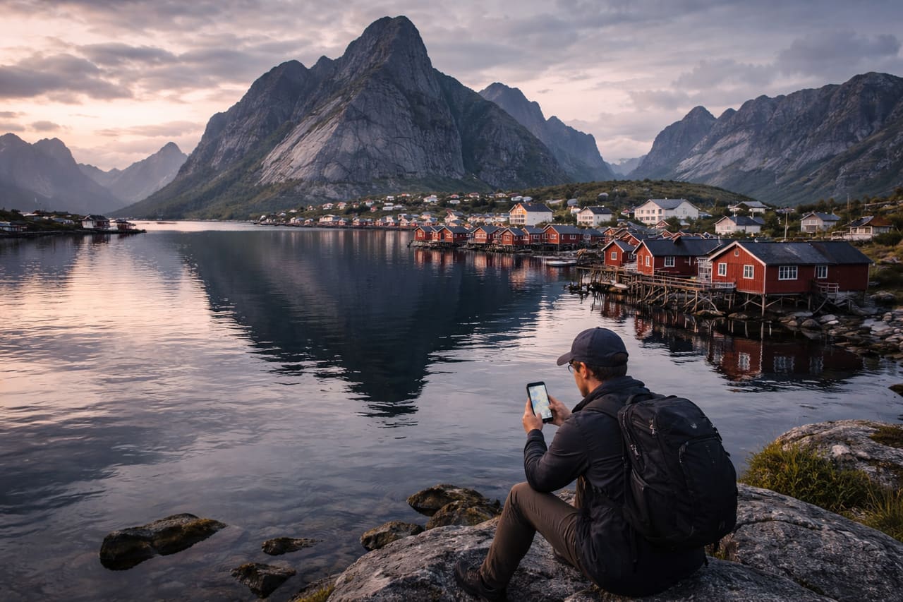 Villaggio di Reine alle Isole Lofoten – case rosse sul fiordo e montagne