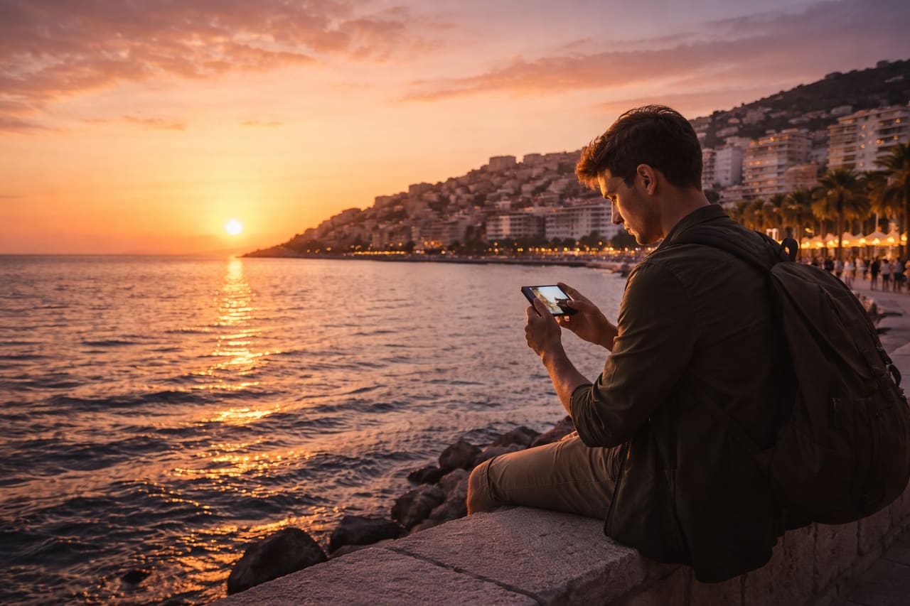 Tramonto sul Mar Ionio a Saranda, Albania