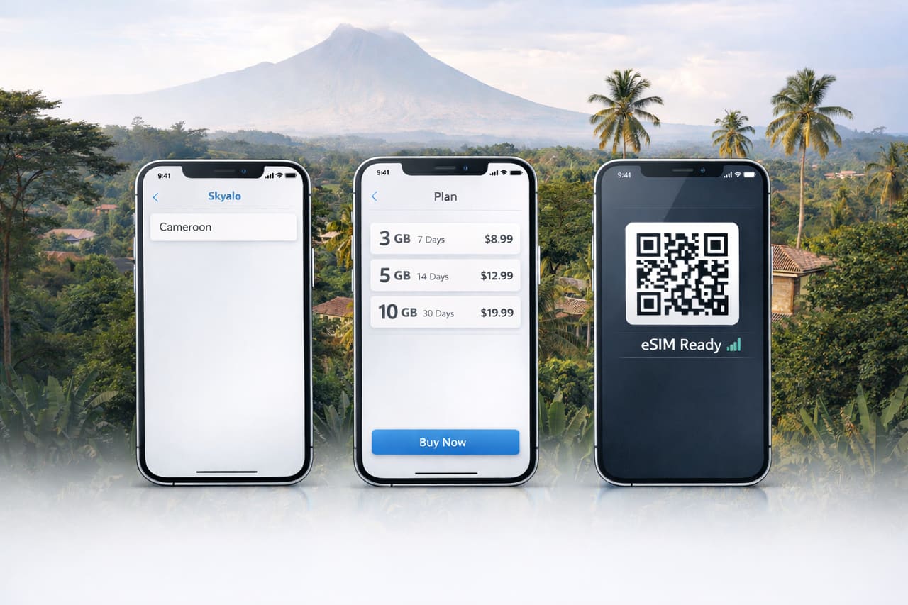 Три смартфона с интерфейсом Skyalo eSIM на фоне пейзажа Камеруна - выбор страны, тарифы и активация через QR-код