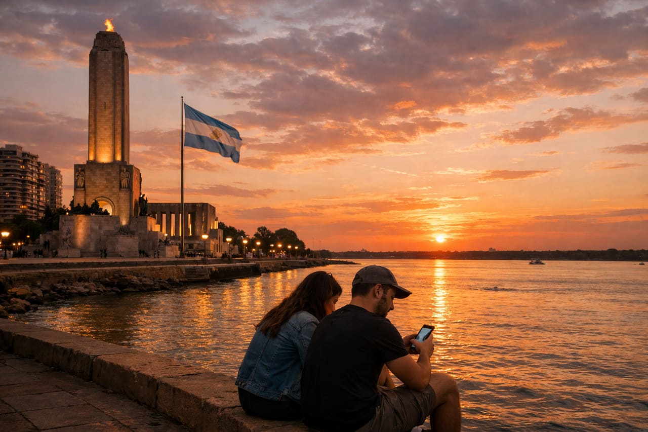 Rosario e Monumento alla Bandiera dell’Argentina al tramonto con turisti che usano la rete mobile
