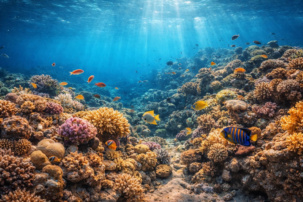 Коралловые рифы Акабы в Иордании с прозрачной водой Красного моря, яркими кораллами, разноцветными рыбами и насыщенным подводным пейзажем - идеальная часть морского маршрута с удобной связью во время путешествия