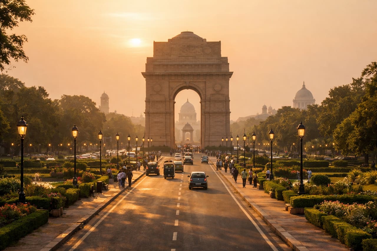 Panoramatický pohled na Nové Dillí s majestátní branou India Gate, zelenými alejemi, jemným zlatým světlem a atmosférou velkého historického města Indie.