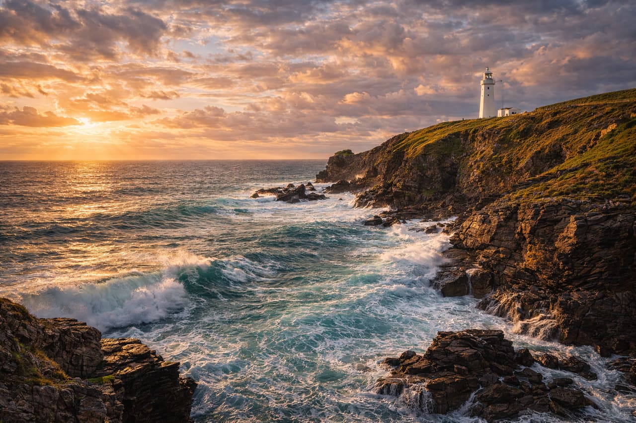 La costa rocciosa della Cornovaglia con un faro
