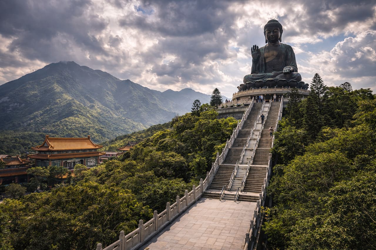 La statua del Grande Buddha Tian Tan sull’isola di Lantau.