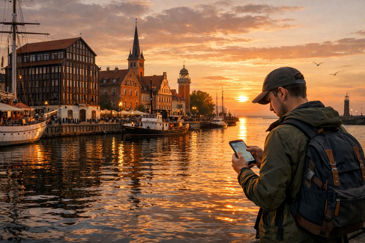 Porto storico di Klaipėda sul Mar Baltico e viaggiatore con smartphone con eSIM attiva