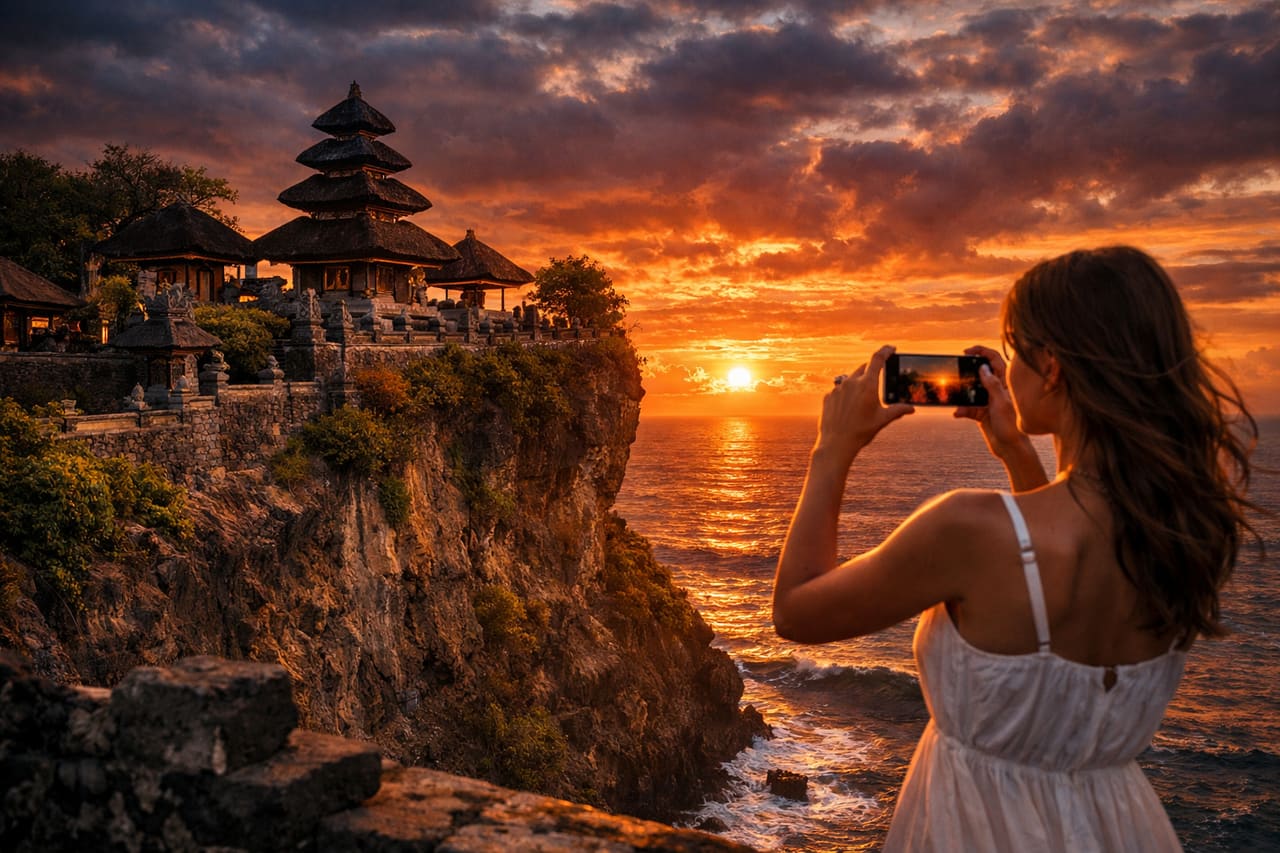 Tempio sulla scogliera a Bali e una turista con lo smartphone