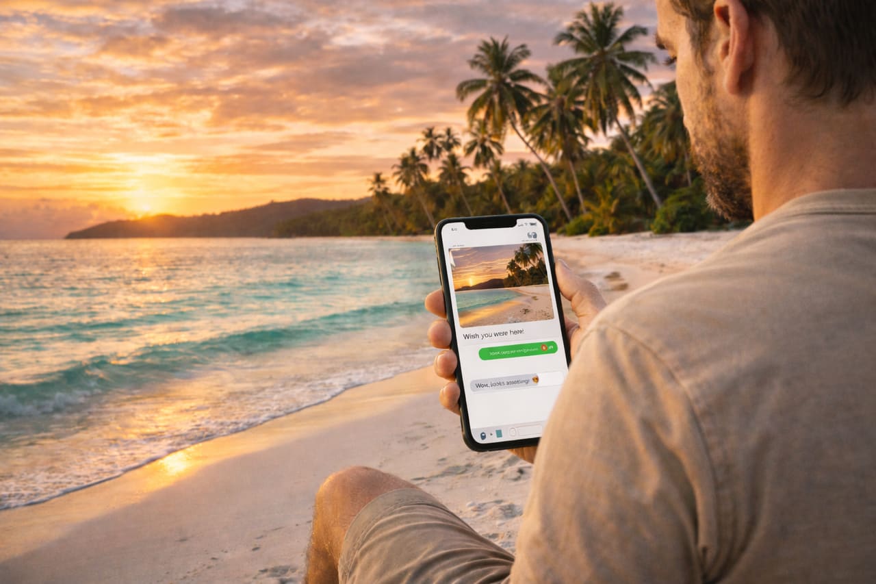Spiaggia di Koh Rong e turista che condivide foto tramite eSIM