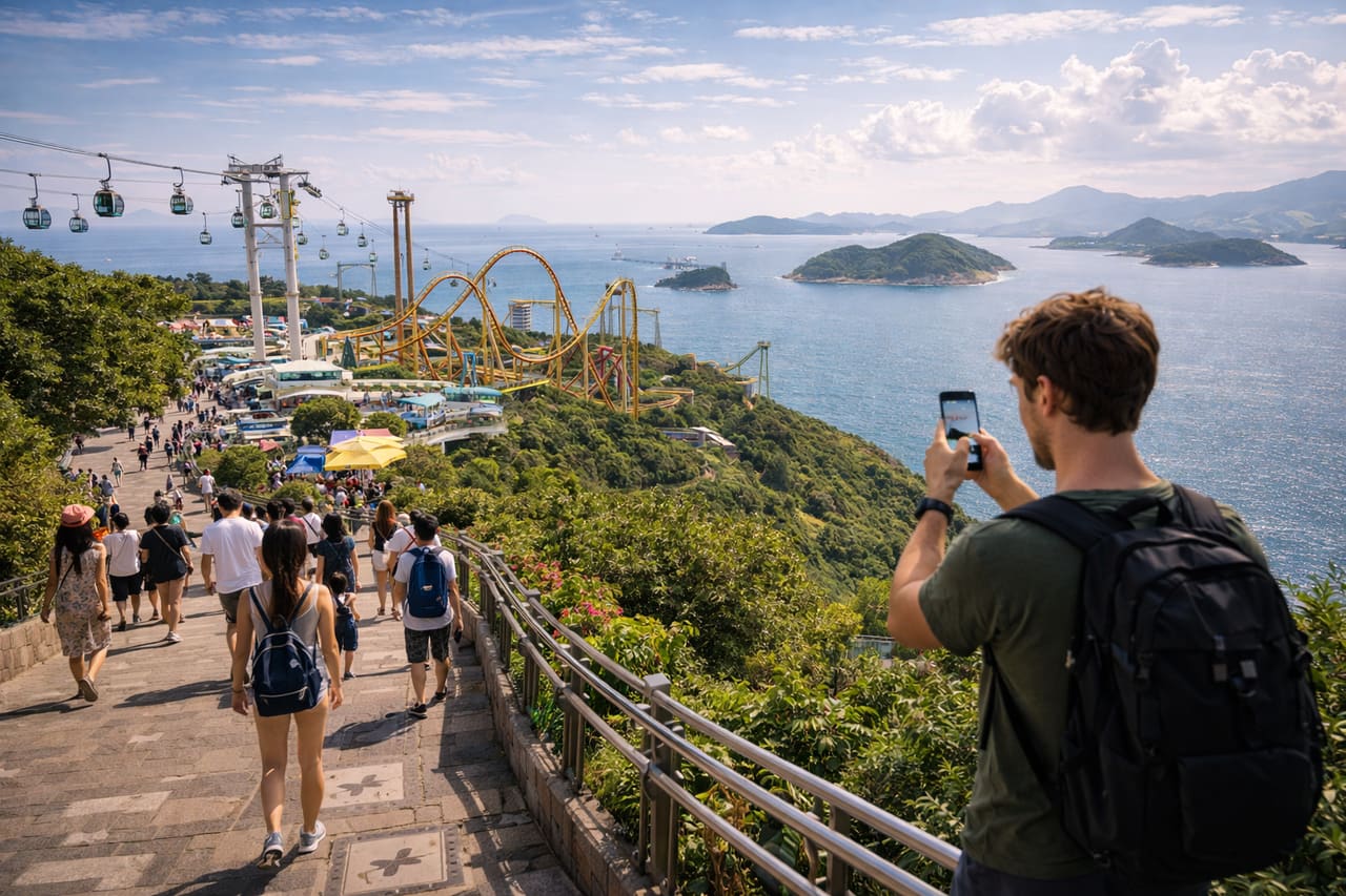 Il parco divertimenti Ocean Park sulle colline sul mare.