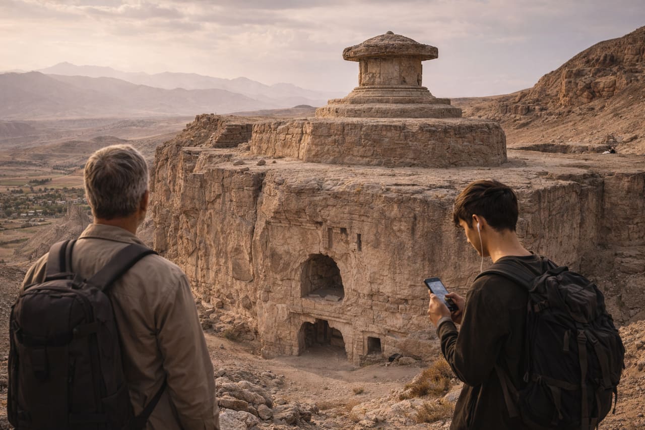 Takht-e Rostam nella roccia e un turista con smartphone con eSIM
