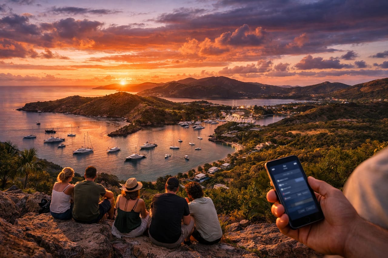 Tramonto a Shirley Heights con vista panoramica su English Harbour – un viaggiatore condivide il momento online grazie alla eSIM