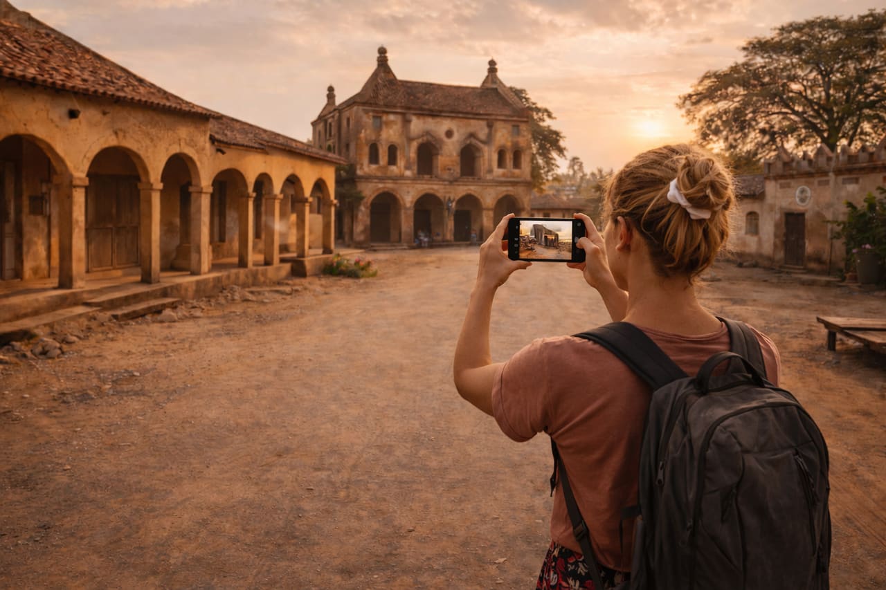 Allada i Benin med historisk arkitektur, stille gader og en rejsende med smartphone med aktiv eSIM under en kulturel rute