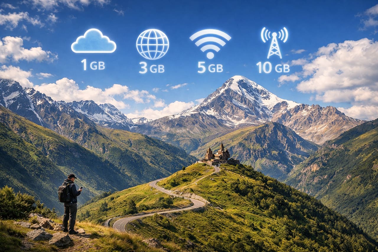 كم تحتاج من الإنترنت في جورجيا للسفر - أمثلة على استهلاك 1 GB و3 GB و5 GB و10 GB أمام جبال كازبيجي وكنيسة غيرغيتي.