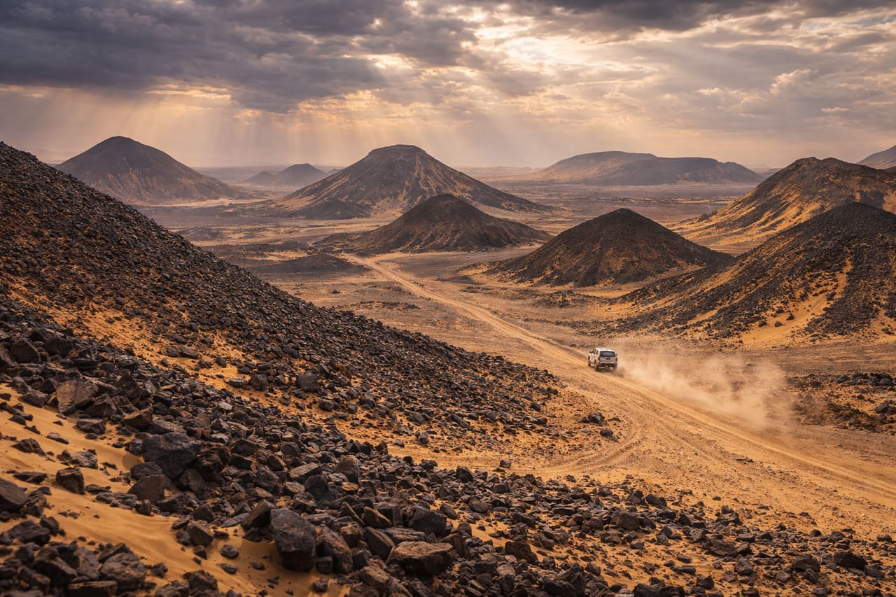 Deserto Nero d’Egitto con colline vulcaniche e turisti in jeep-safari, viaggio in Egitto con internet eSIM