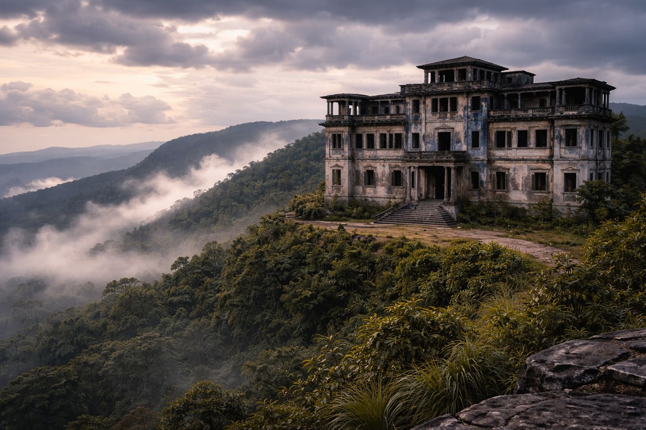 Hotel coloniale abbandonato su Bokor Hill tra montagne nebbiose e giungla fitta