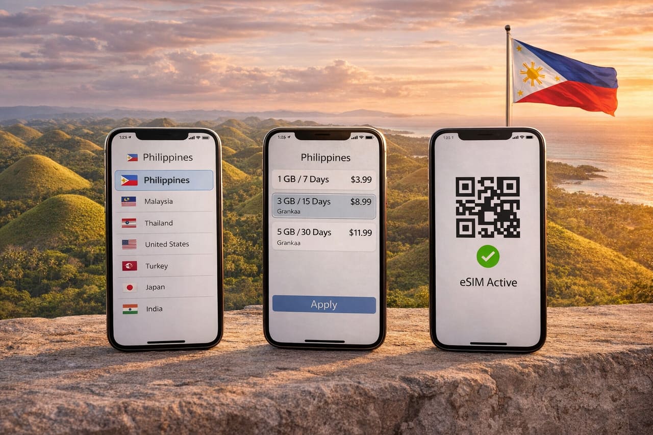 Tre smartphone con piani eSIM per le Filippine sullo sfondo del paesaggio tropicale delle Chocolate Hills sull’isola di Bohol.