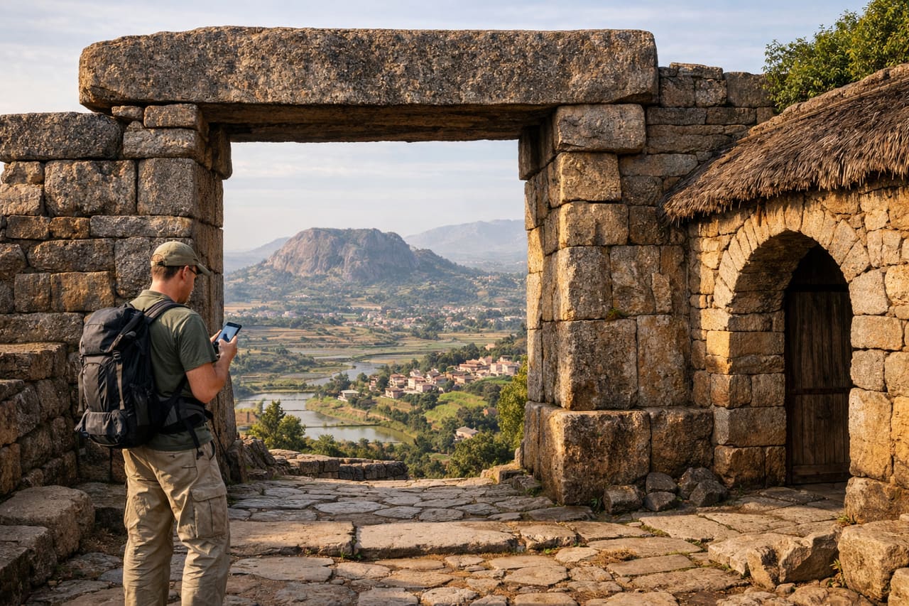 Ambohimanga e turista con smartphone con eSIM